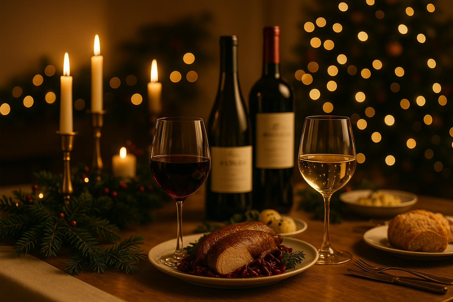 Weihnachtsstimmung mit Wein und Kerzen
