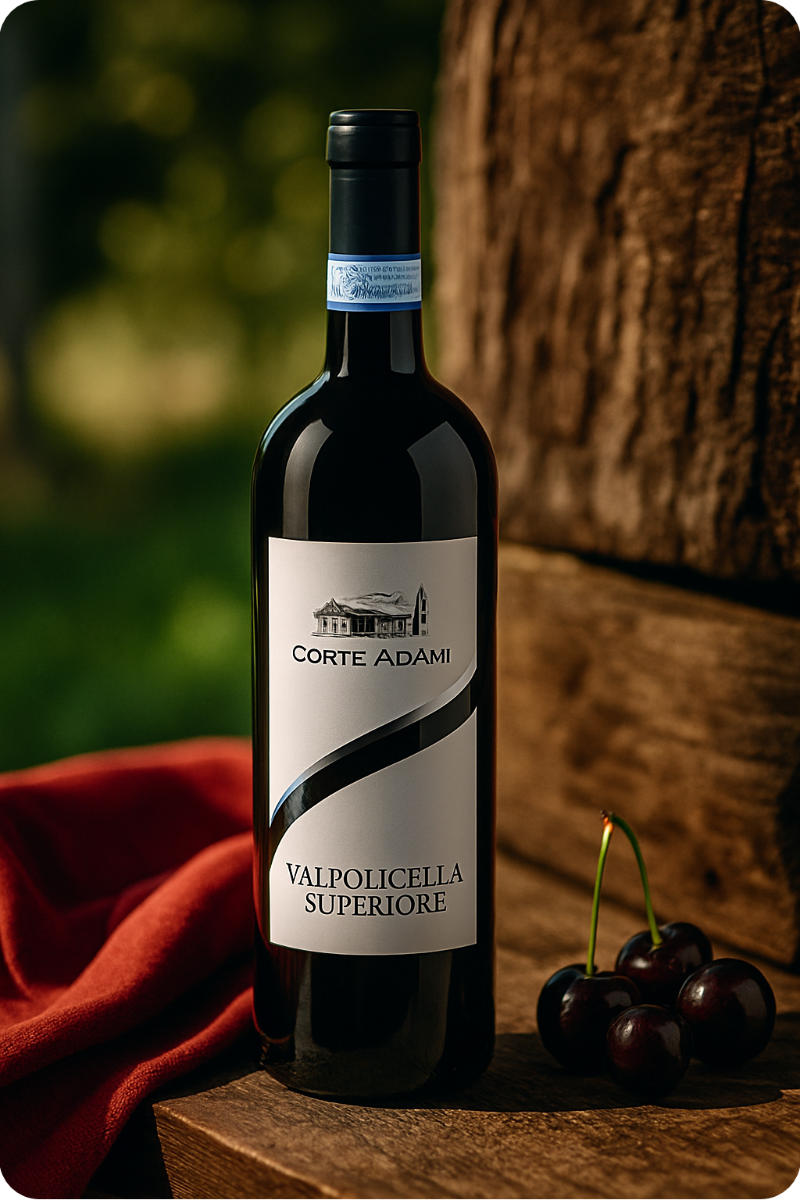 Flasche mit rotem Tuch, dunklem Holz und Kirschen im Hintergrund