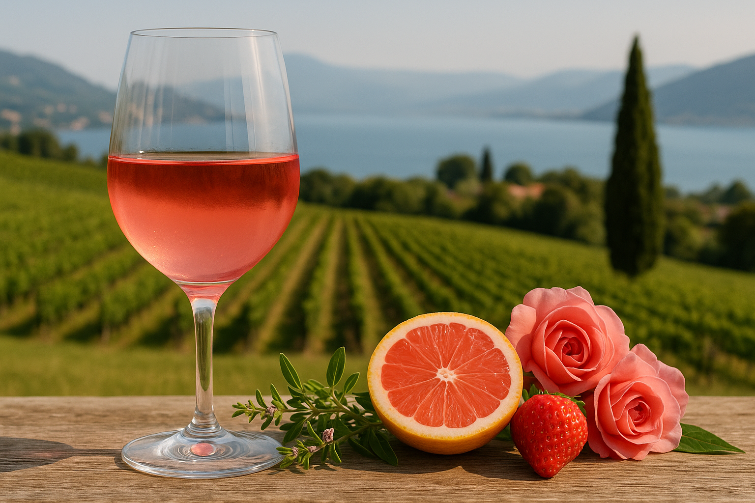 Chiaretto di Bardolino 2024 – Aromen von Erdbeere, Grapefruit, Rosenblüten und Kräutern Aromenbild Chiaretto di Bardolino 2024 La Presa – Erdbeere, Grapefruit, Rosenblüten, Kräuter, mit Gardasee-Landschaft