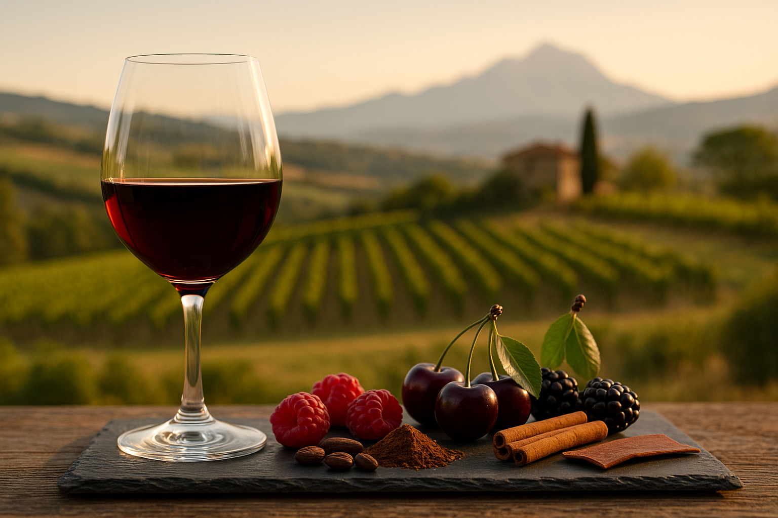 Capo le Vigne Montepulciano d’Abruzzo 2017 – Aromen von Schwarzkirsche, roten Früchten, Kakao, Zimt und Leder Aromenbild Capo le Vigne Montepulciano d’Abruzzo 2017 – Schwarzkirsche, rote Früchte, Kakao, Zimt, Leder, mit abruzzesischer Weinlandschaft im Hintergrund