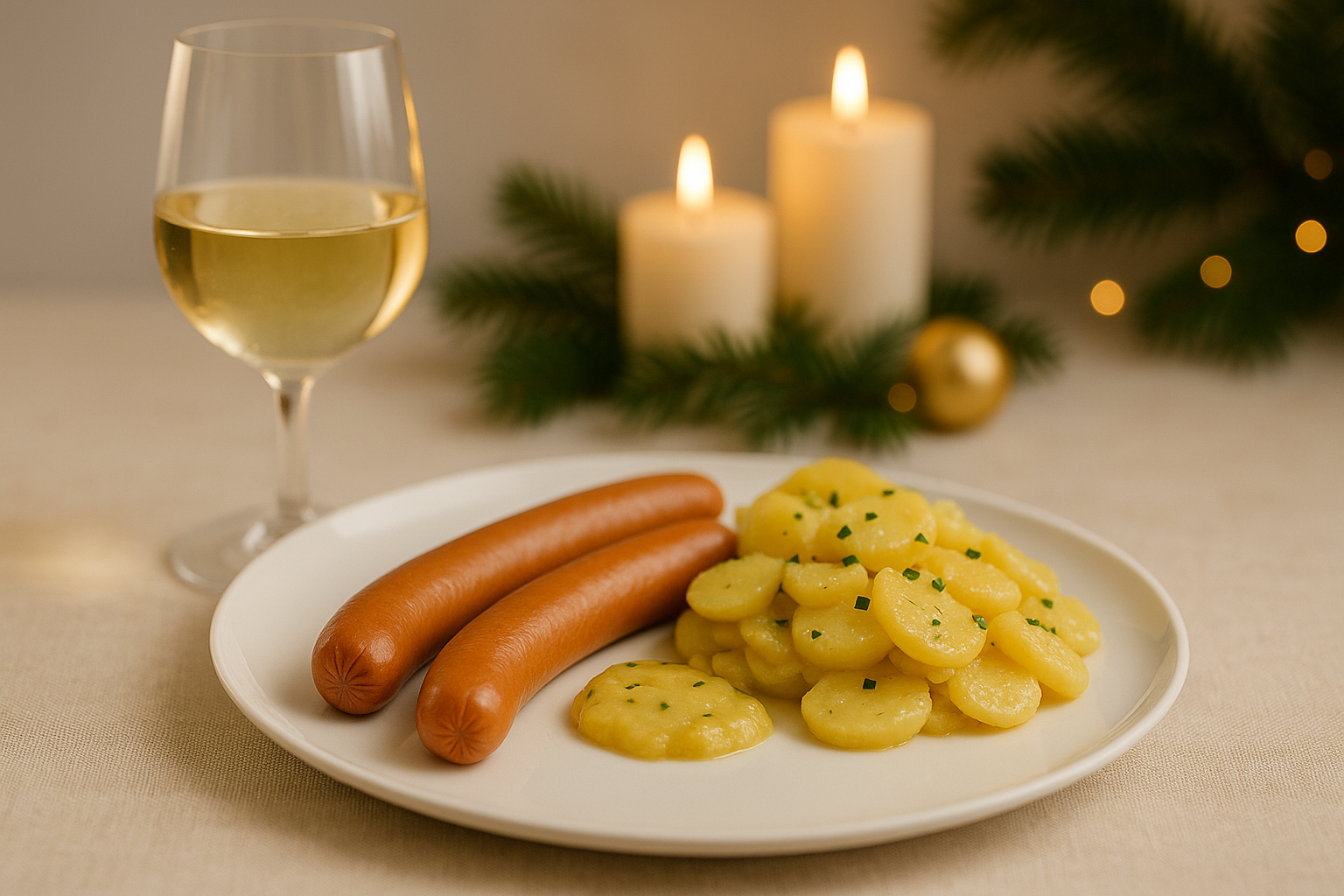 Wiener Würstchen mit Kartoffelsalat und einem Glas Weißwein