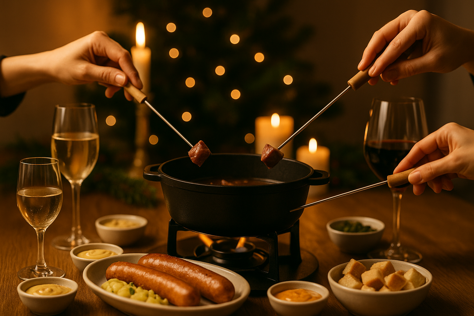 Fleischfondue mit mehreren Händen, Dipschälchen und Wein auf einem weihnachtlich gedeckten Tisch