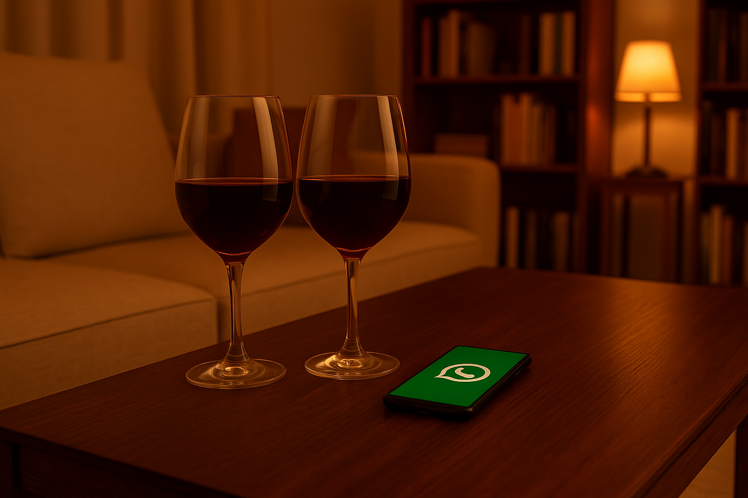 Persönliche Weinberatung per WhatsApp bei Fiasco Classico Zwei Gläser Rotwein und ein Smartphone mit WhatsApp-Logo auf einem Tisch in gemütlicher Abendstimmung